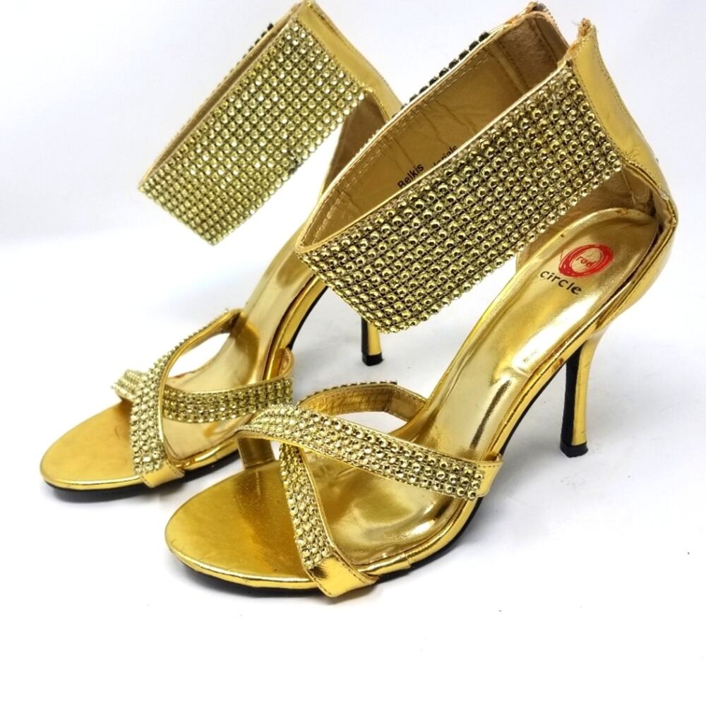 Red Circle Gold Crystals Ankle Stilettos Heels Zipper Back Blekis Women's Size 9